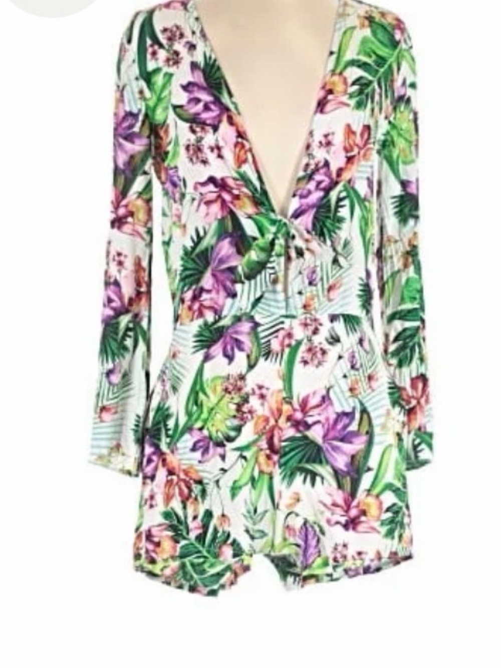 La Blanca Tropical Floral V-Neck Cover Up Romper in White, Green, Purple
